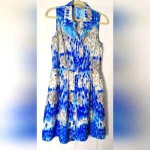 Cremieux Sleeveless Shirt Dress Blue and Gray Abstract Print Fitted Seamed Sz 6